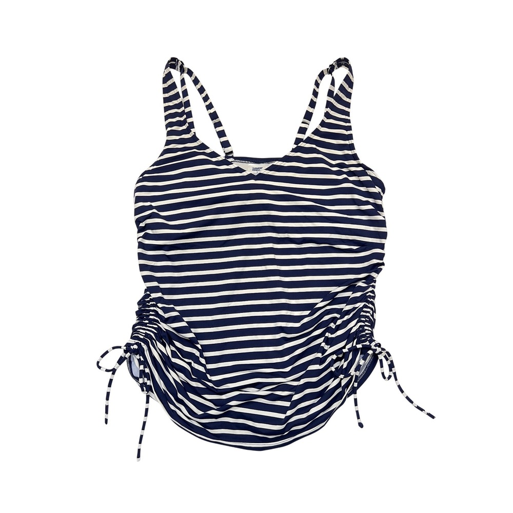Lands' End Navy Blue White Nautical Striped Ruched Tankini Swim Top Size 14